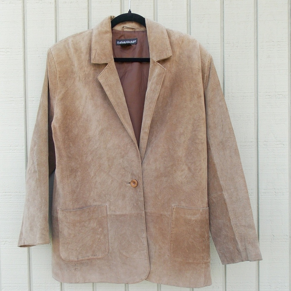 Savannah Leather Blazer Jacket Vintage 90s Suede Minimalist Women Size 6 Tan